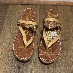 Sam Edelman Cork Platform Wedge Thong Strap Women's Neutral Tan Sandals Size 8